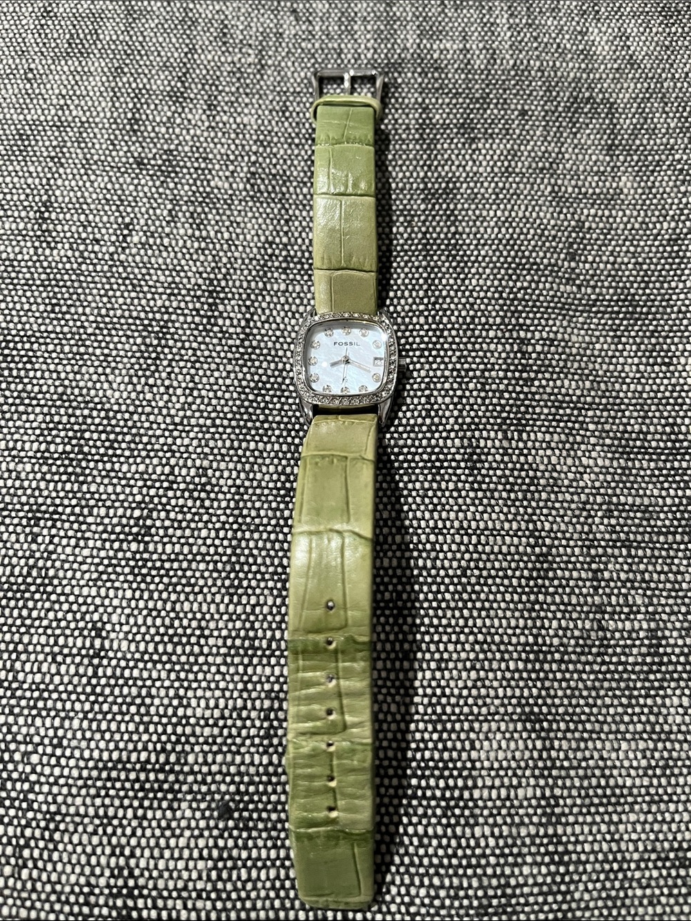 Fossil Women’s Watch Leather Strap Crystal-Trim Square Dial -NEW Battery